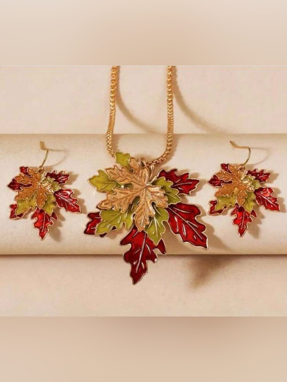 NWT Red and Green Enamel Leaf Necklace & Earring Set, Fall Jewelry